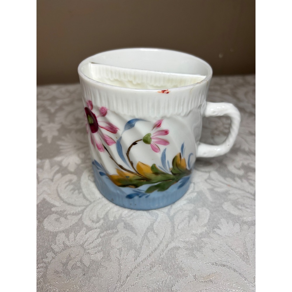 Victorian Hand-Painted Porcelain Mustache Cup Mug  Floral –Circa 1890s Antique